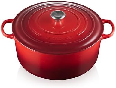 Cerise red round enameled cast iron dutch oven