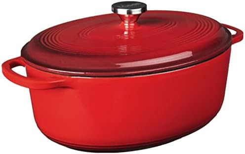 Red enameled oval seven quart braising oven