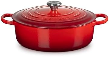 Cerise red wide enameled cast iron braising oven