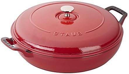 Cherry red shallow cast iron braiser