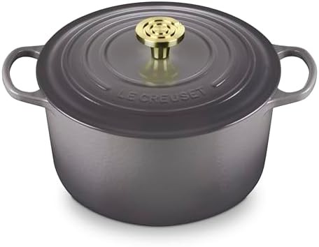 Oyster gray deep round dutch oven with gold knob