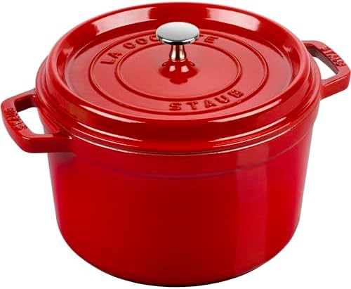 Cherry red tall cast iron cocotte five quart