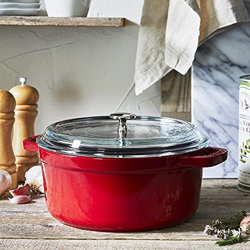 Cherry red round cocotte with glass lid — photo 5