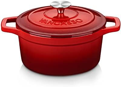 Red enameled cast iron three quart braising pan