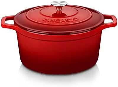 Red round enameled cast iron seven quart pot