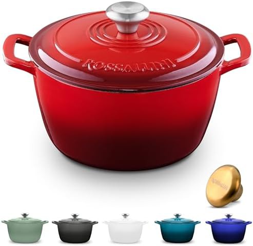 Red 5.5 quart enameled cast iron dutch oven