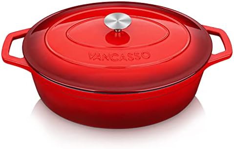 Large red oval enameled cast iron roaster
