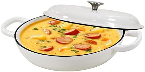 White 3.8 quart shallow enameled braiser pan
