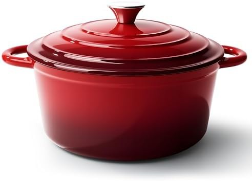 Red 4.5 quart enameled cast iron dutch oven