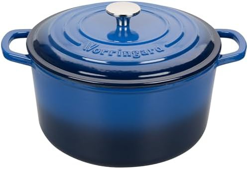 Blue enameled round cast iron bread pot