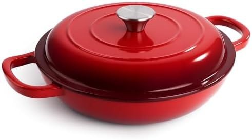 Red 3 quart enameled cast iron braiser