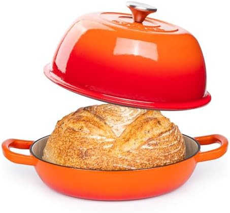 Orange cast iron sourdough bread baking pot