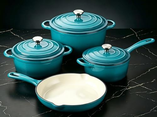 Teal enameled cast iron four piece set