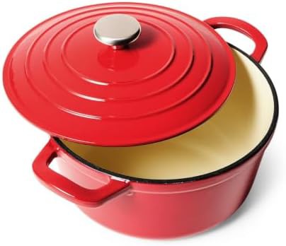 Red 5 quart round enameled cast iron oven