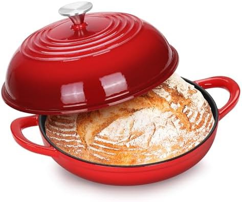 Red shallow enameled bread baking pot