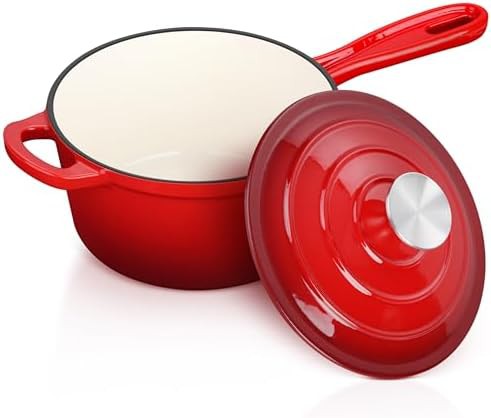 Two quart red enamel saucepan pot