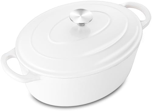 White oval enameled cast iron pot