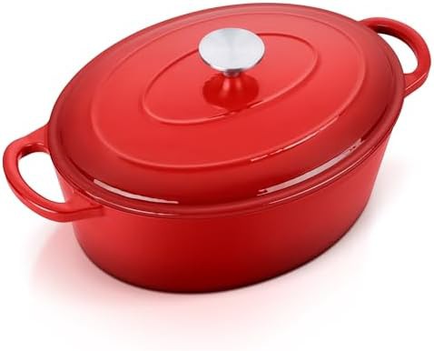 Red oval enameled cast iron seven quart