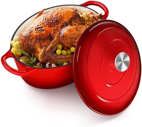 Five quart red enameled oval pot