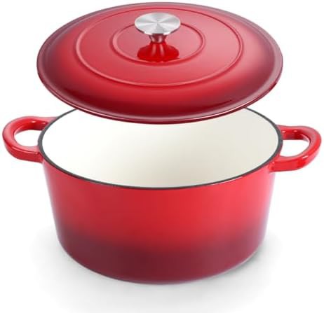 Seven quart red enameled round pot