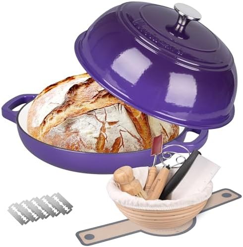 Purple enameled bread oven with proofing basket