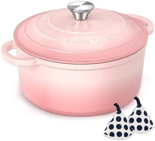 Pink enameled five quart heavy duty pot