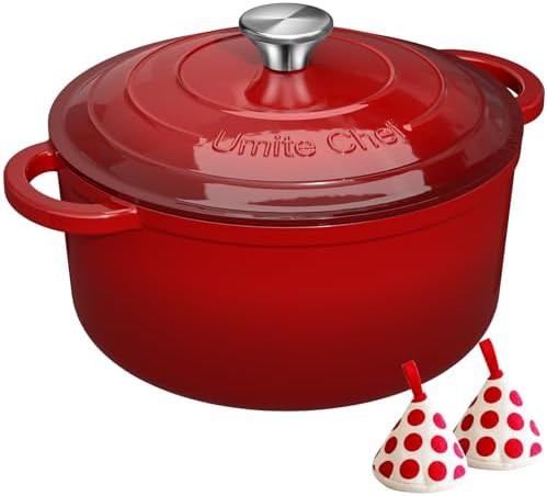 Red enameled five quart heavy duty pot