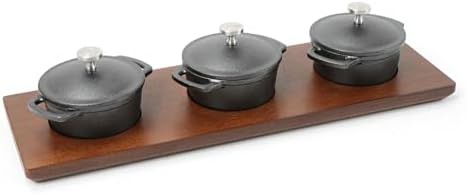 Mini cast iron cocottes with wooden tray