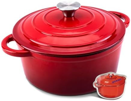 Red enameled round four quart pot