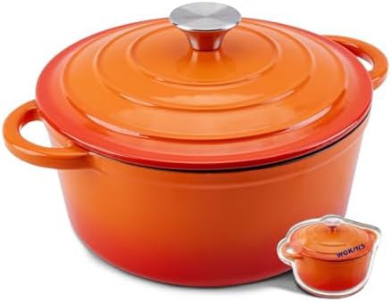 Orange enameled round seven quart pot