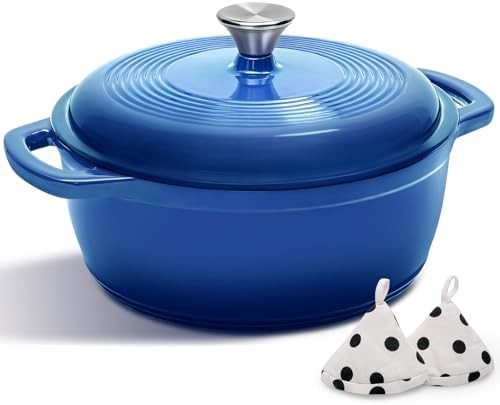 Blue enameled five quart cast iron pot