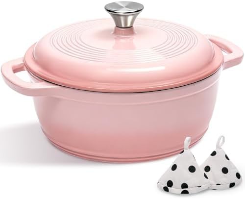 Pink enameled five quart cast iron pot