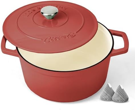 Red enameled cast iron six quart pot