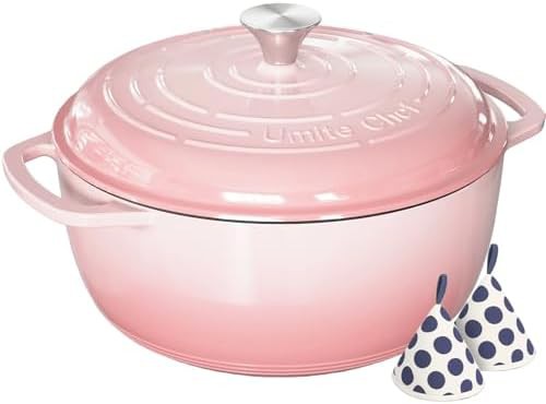 Pink enameled six quart pot with gloves