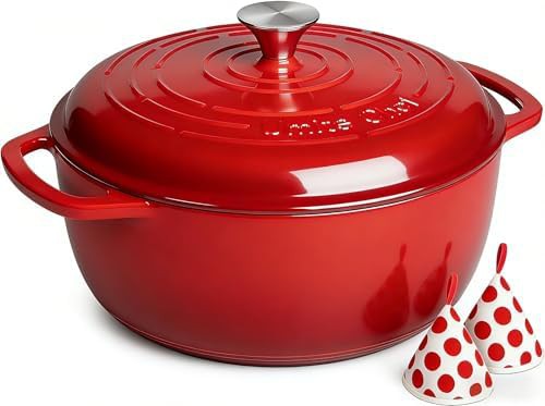 Red enameled six quart pot with gloves