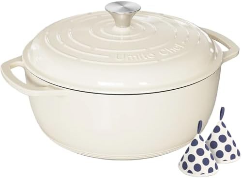 Cream white six quart pot with gloves