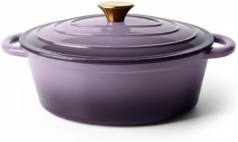 Purple oval enameled cast iron casserole pot