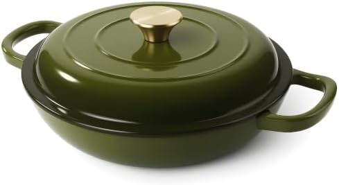 Golden green shallow enameled cast iron braiser