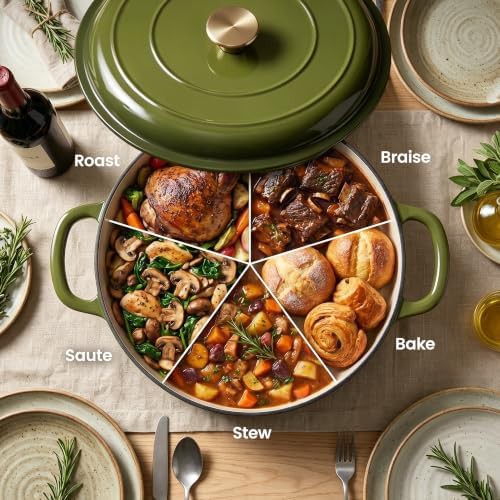 Golden green shallow enameled cast iron braiser — photo 3