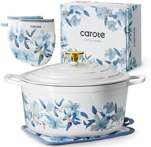 White and blue enameled 7qt roasting pot