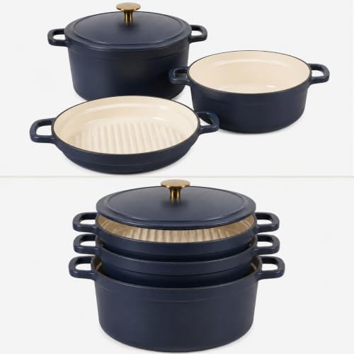 Navy blue stackable enameled cookware set
