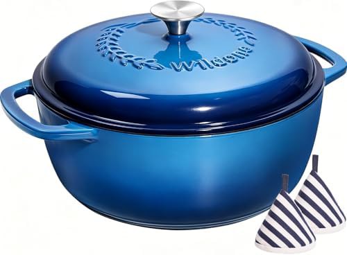 Blue enameled cast iron six quart pot