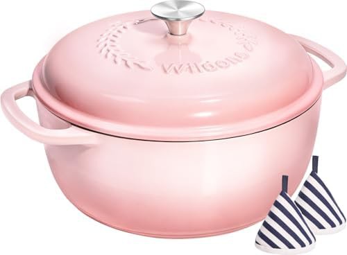 Pink enameled cast iron six quart pot