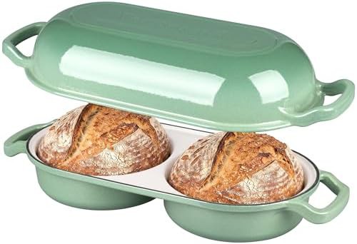 Sage green enameled double round loaf pan